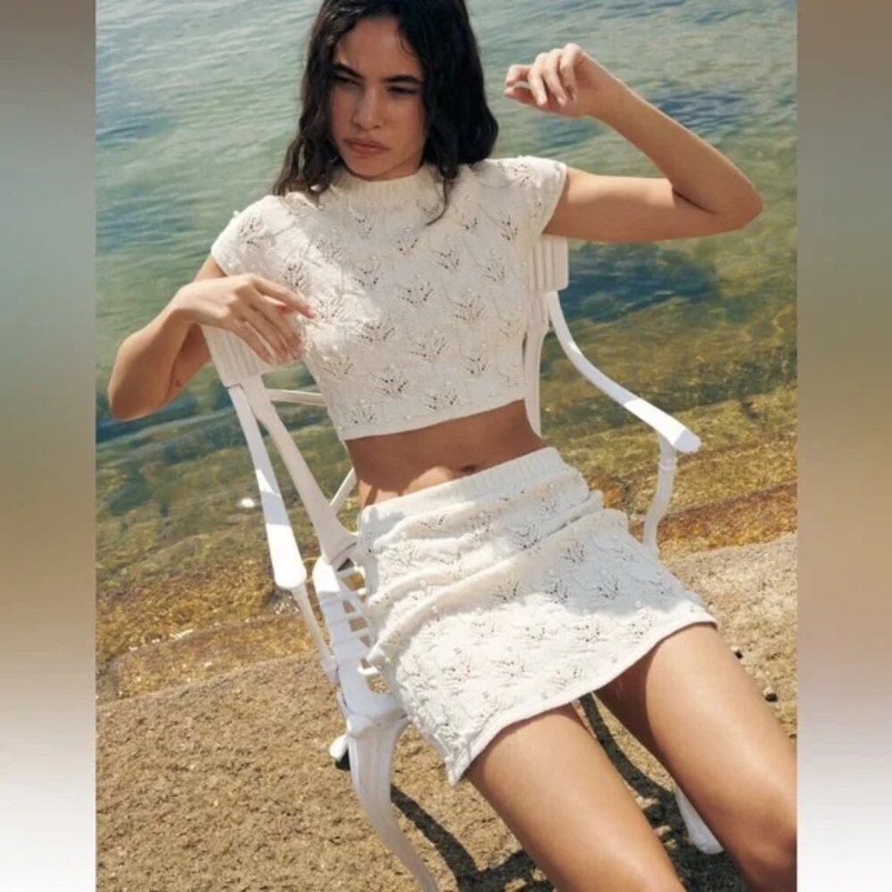 ZARA knit crop top Open back with faux Pearls White Size XL Ref 4331/104 - Picture 2 of 11